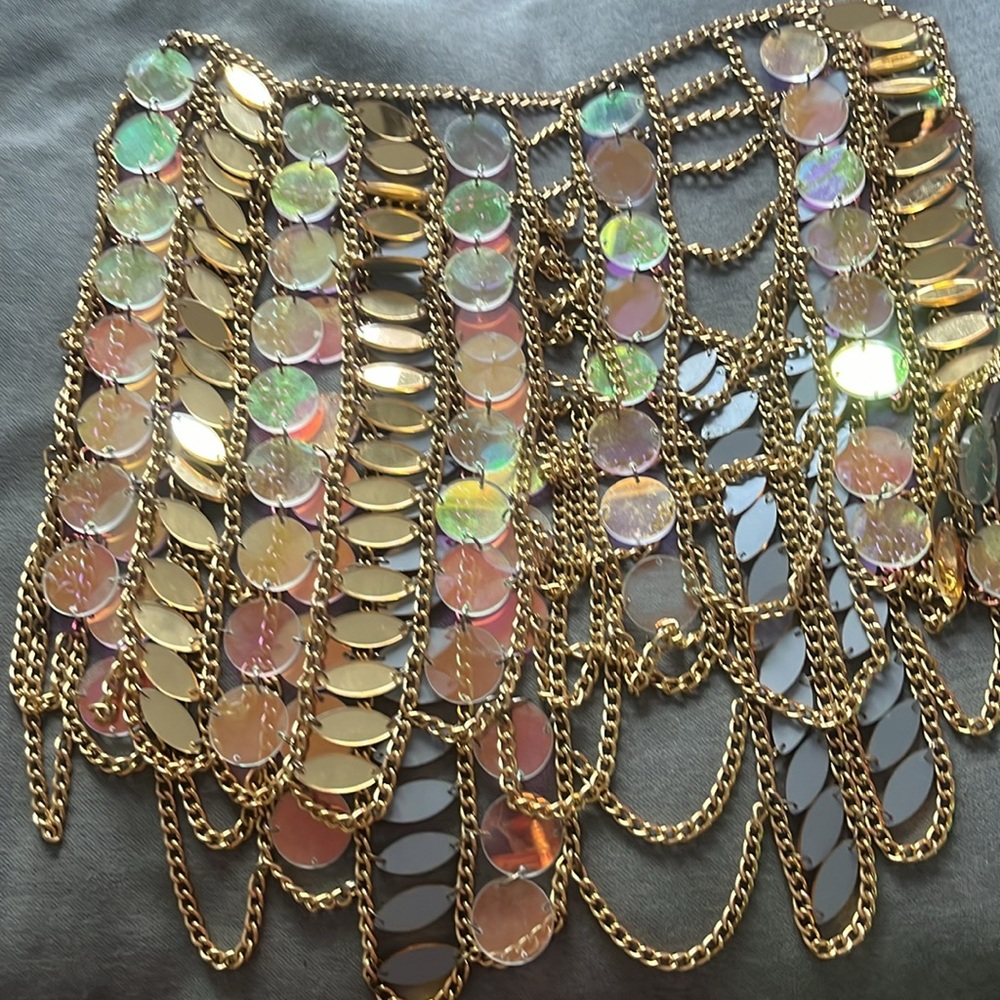 Claudia pink- Gold Chain Coin Fringe Mini Skirt - Green & Turquoise Accents